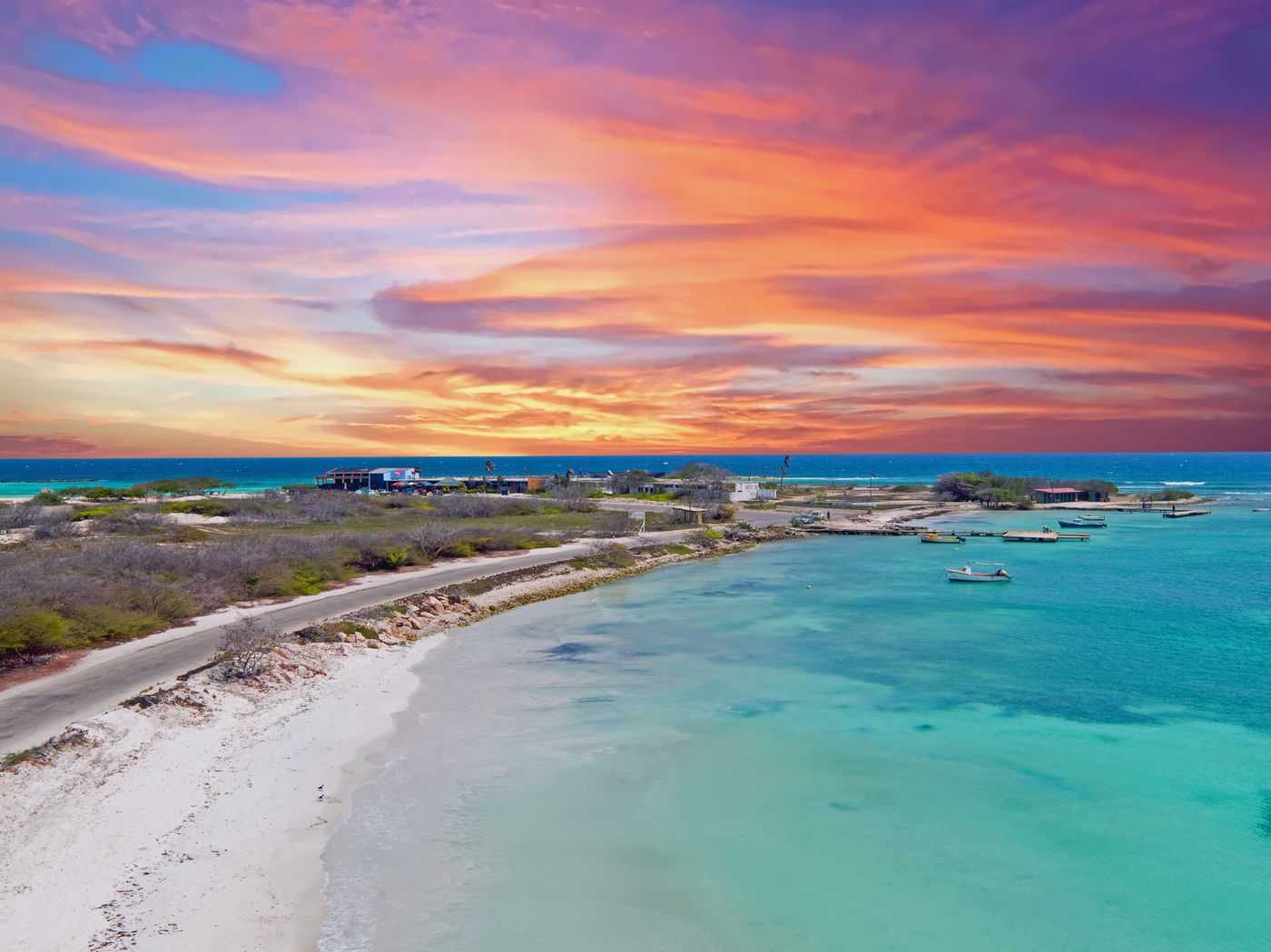 Aerial view of Aruba's west coast at sunset, Rodgers Beach