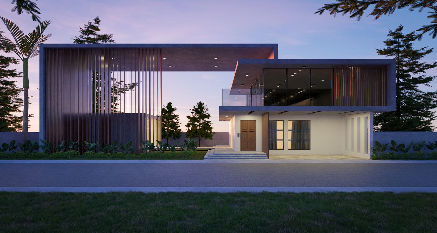 A modern resort volume lit at dusk, the ARUBA FOREVER massing study